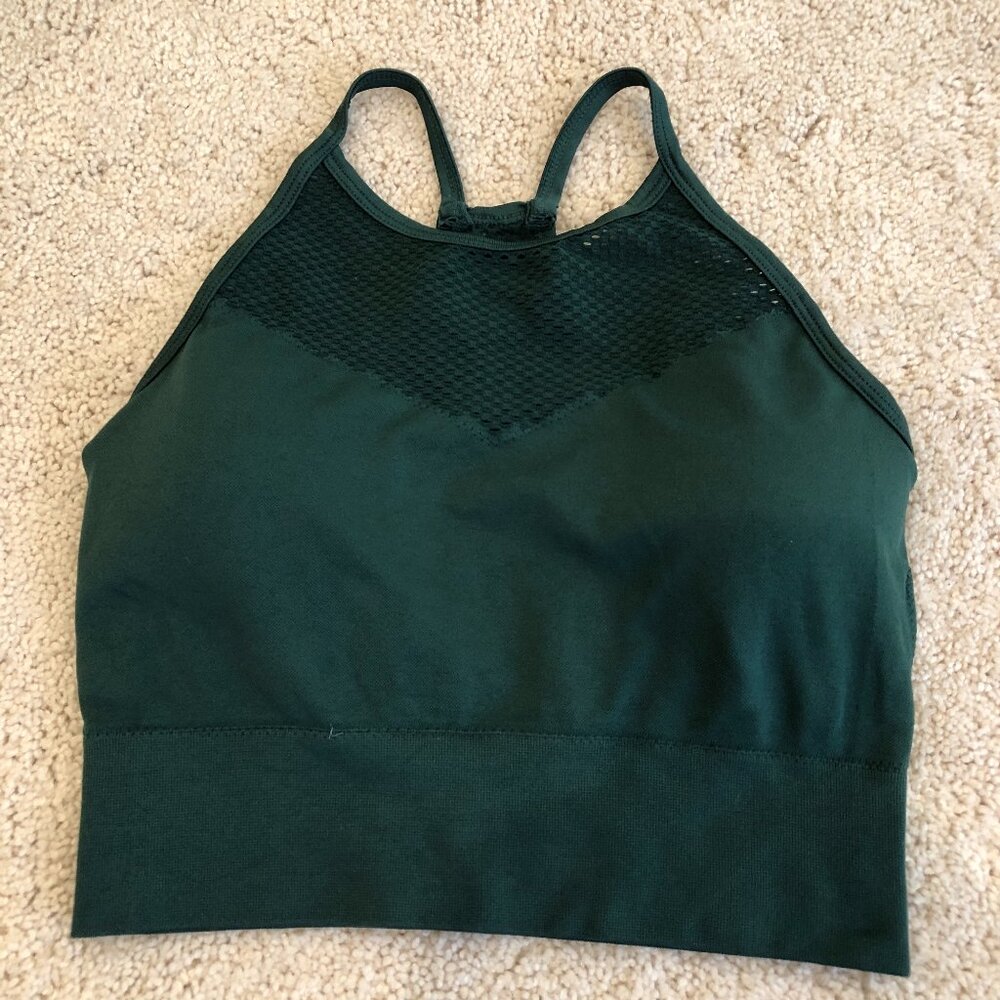 Aerie Hunter Green High Neck Mesh Design Seamless Padded Bra Bralette Crop Top